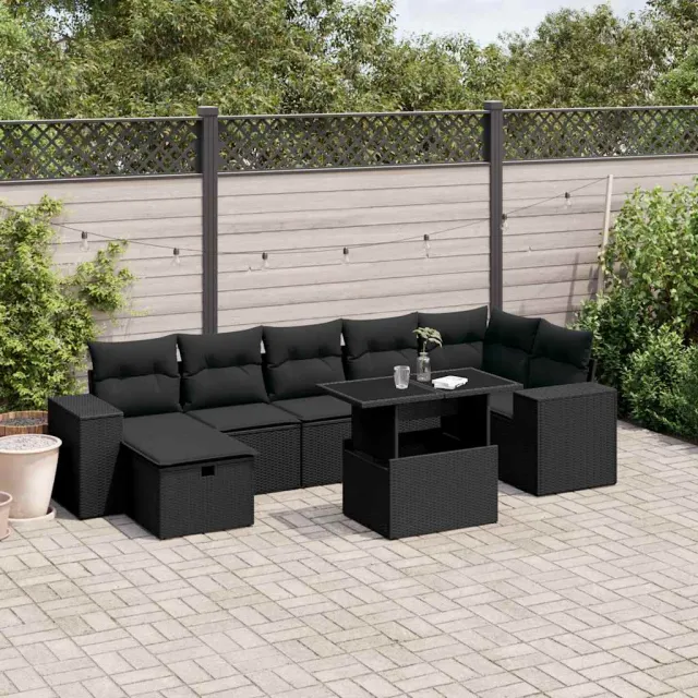 vidaXL 8-delige Loungeset met kussens poly rattan zwart, foto 2