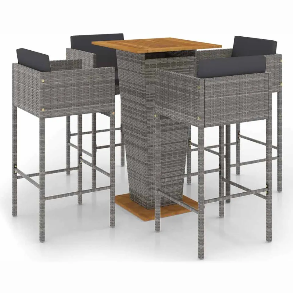vidaXL 5-delige Tuinbarset met kussens poly rattan grijs, foto 3