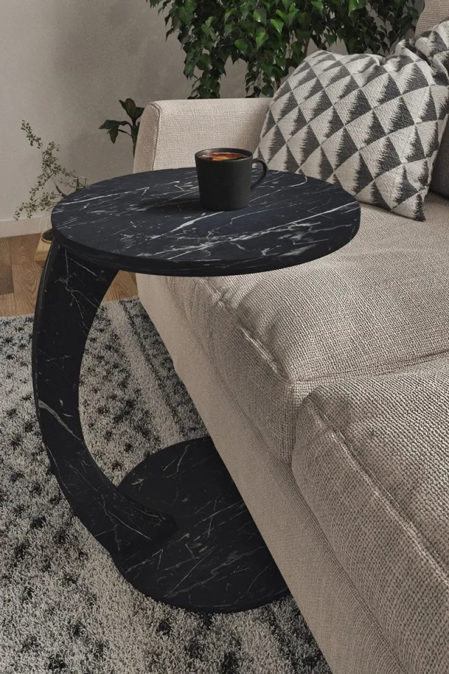 Intergas Wiel C Tafel - Banktafel - 17-03 - Bijzettafel - Nesttafel - Servicetafel - Zwart en Marmer
