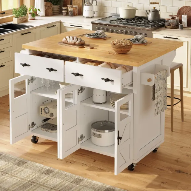 HAUSS SPOLE Serveerwagen – Multifunctionele Keukeneiland Met Uittrekbaar Werkblad En Grote Lade – Twee Modi Met 5 Wielen (2 Met Rem) – MDF – 140x73x93.5 Cm – Wit