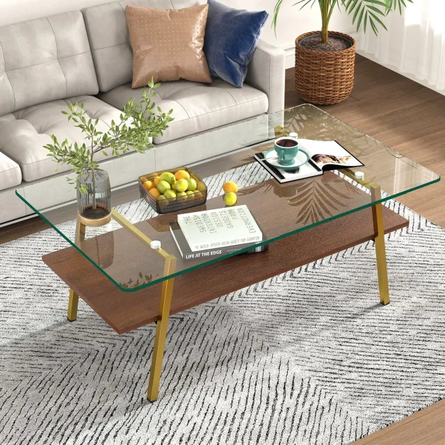 CHICFURN Salontafel - Gehard glazen blad - Metalen poten - Blush en goud