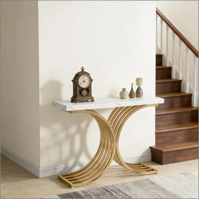 MIVRAY Consoletafel - Marmerlook Blad En Metalen Frame - Voor Hal En Woonkamer - Wit En Goud - 100x30x80 Cm Goud Wit
