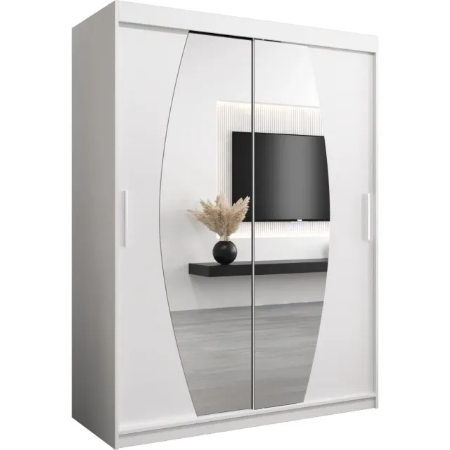 InspireME Kledingkast met 2 schuifdeuren, Modern-stijl, Een kledingkast met planken en een spiegel (BxHxD): 150x200x62 - GLOBE 150 Wit Mat