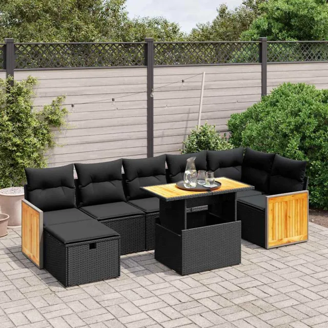 vidaXL 8-delige Loungeset met kussens poly rattan zwart, foto 2