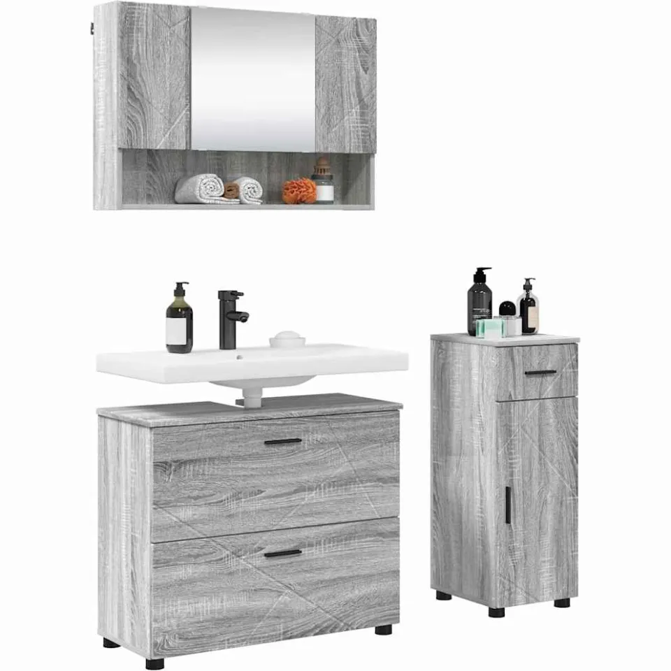 vidaXL Badkamermeubelset 3 st Grijs Sonoma Geperst Hout en Metaal
