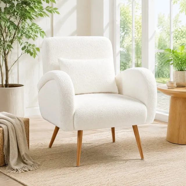 DESMIU Fauteuil - 77 X 77 X 83 Cm - Zacht Fleece Met Lendenkussen En Brede Armleuningen - Voor Woonkamer En Leeshoek - Metaal - Crèmewit Cream White