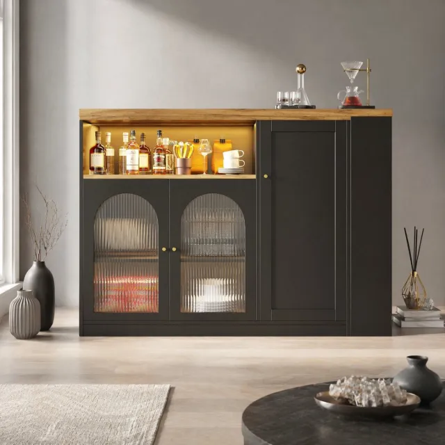 WUVRIE 360° draaibare bartafel 197x39,6x100 cm - LED, glazen deuren en opbergruimte - Zwart