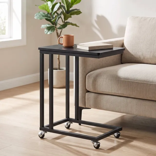 Lomera Bijzettafel op Wieltjes - C-Vormige Bijzettafel - Banktafel - Laptoptafel - Bedtafel - Sidetable - Bijzettafel voor Bank - Zwarte Bijzettafel - Bijzettafel met Metalen Frame