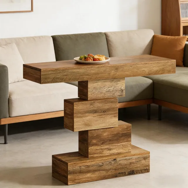COVREO Sidetable 108 x 30 x 80 cm lichtbruin, houtlook geometrische sokkel
