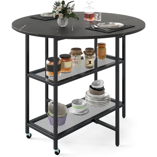 Costway Eettafel inklapbaar, mobiele klaptafel voor 2-4 personen, keukentafel met 2 opbergvakken, eetkamertafel, marmerlook, ronde tafel voor eetkamer, woonkamer (zwart)