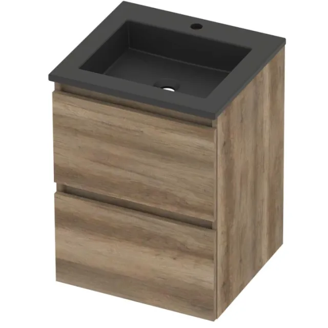 Basic-Line Aura 46 Badmeubelset Acryl 1 Kraangat Greeploos 50x46x62 cm Scotch Oak Mat Zwart