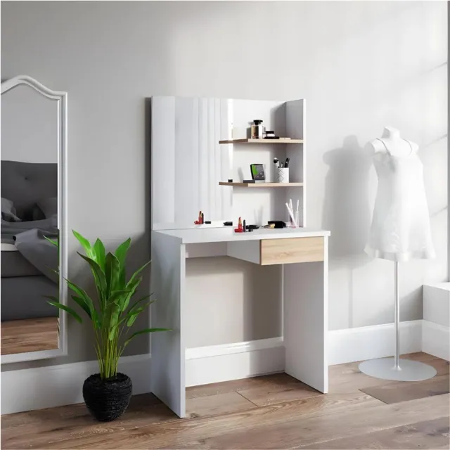 Thuys Toilettafel – Met Spiegel – Make up Tafel – Met Lade – Moderne Kaptafel – 40 x 75 x 140 Wit/sonoma