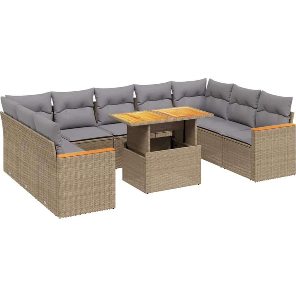 vidaXL 10-delige Loungeset met kussens poly rattan beige, foto 3