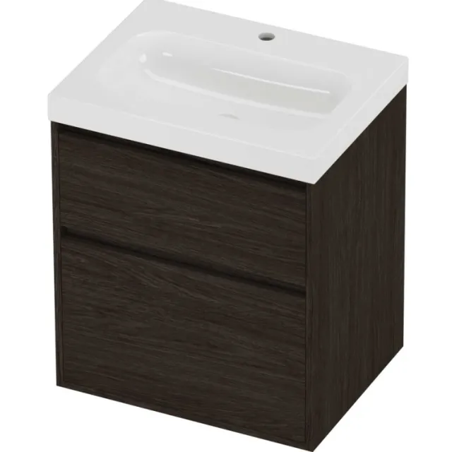 Proline Haga Badmeubelset Polystone Mezza 1 Kraangat Greeploos 60x46x73 cm Glans Wit Mokka Oak Eiken