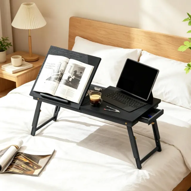 HAUSS SPOLE Bedtafel - Opklapbaar met Kantelbaar Tafelblad en Lade - voor Werken en Lezen in Bed - Bamboe en MDF - Zwart - 83,5x33x23,5-34 cm