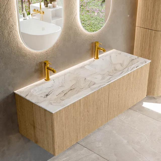 Mondiaz KURVE-DLUX 130 cm Onderkast Greeploos 2 Lades Zonder Deuren Oak, Wastafel Solid Surface Dubbel Glace 2 Kraangaten Zonder Spiegel (KRVLEA1302L0D2KD-Oak/Gla)