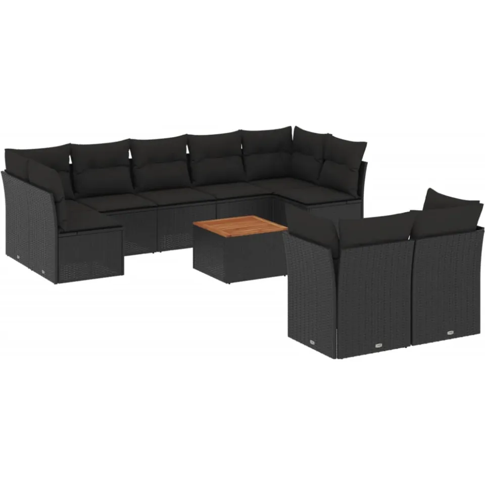 vidaXL 10-delige Loungeset met kussens poly rattan zwart