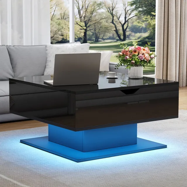 Pugsdrly Salontafel 80*77*40 cm met hydraulische hefinrichting, glanzende salontafel, salontafel met opbergruimte, halfopen opbergruimte, geometrische salontafel, ergonomische bijzettafel voor de woonkamer, zwart