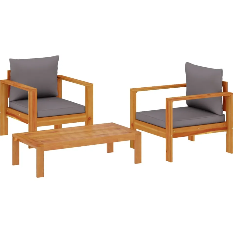vidaXL 3-delige Loungeset met kussens massief acaciahout grijs
