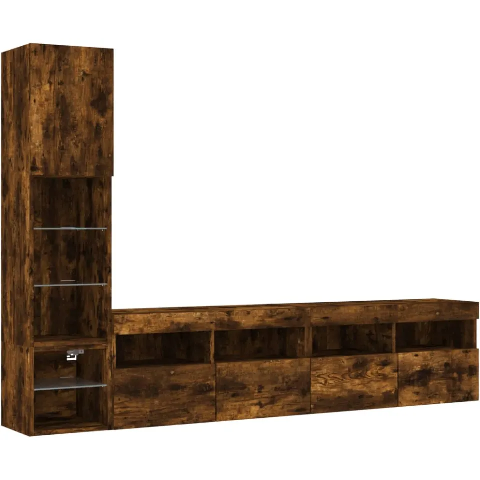 vidaXL 8-delige tv-wandmeubelset met LED bewerkt hout gerookt eiken Bruin