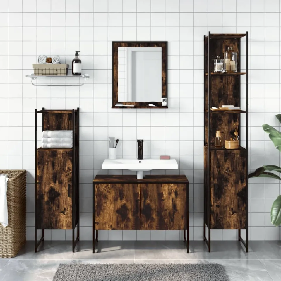 vidaXL 4-delige Badkamermeubelset bewerkt hout gerookt eikenkleurig, foto 2