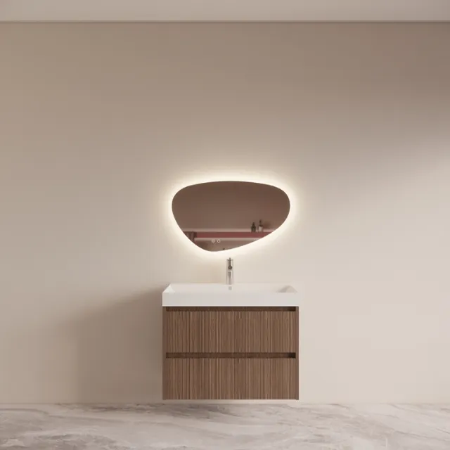 Boss & Wessing Badmeubelset BWS Riga Met Lako Wastafel Wit 80 cm Donker Eiken Japandi Bruin