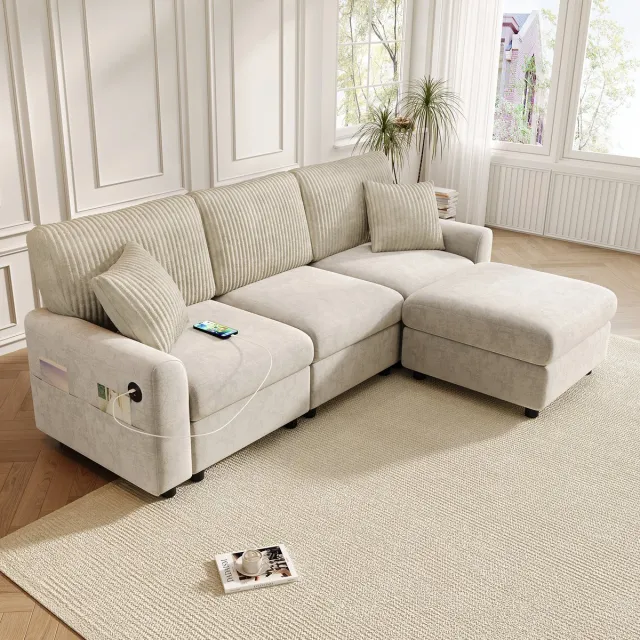 DESMIU Hoekbank 223 Cm L Vormige Bank Met Usb En Type C Aansluiting Voetbank En 2 Sierkussens Voor Woonkamer Chenille Corduroy Beige