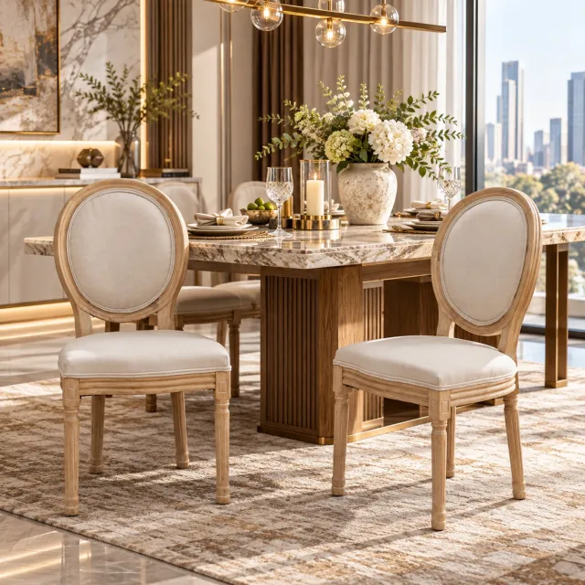 Welltin Eetkamerstoel - Set van 2 - Eetkamerstoelen - Eettafelstoel - Keukenstoel - Met rugleuning - Linnen - Franse stijl - Beige
