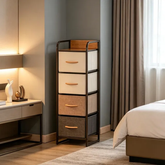 MIVRAY Ladekast - Smal Met 4 Uitklapbare Stoffen Laden En Houten Handgreep - Voor Slaapkameropslag - MDF Staal Polyester - Beige Bruin