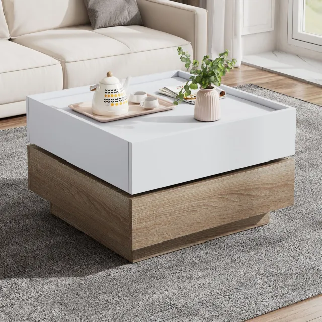 CHICFURN Salontafel - 360 graden draaibaar - Lades - 2 lagen - Wit en walnoot