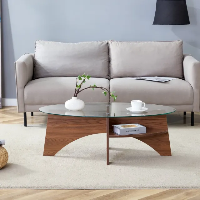 MEUNIQ Ovale salontafel 104,9 x 60 x 35,6 cm met veiligheidsglas, walnootkleurig MDF-onderstel en open opbergplank voor woonkamer Transparant