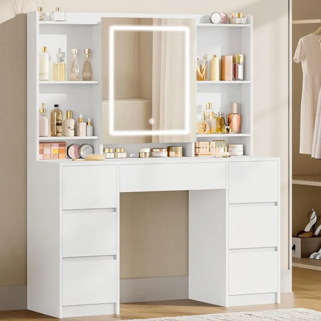 Sierra , Kaptafel met Verlichting, Kaptafel met Grote LED-Spiegel, Verstelbare Helderheid, met 7 Lades, 4 Planken Voor Slaapkamer, Opbergruimte Achter de Spiegel, Wit DT43203XEU