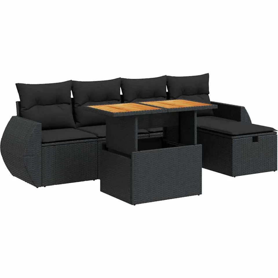 vidaXL 6-delige Loungeset met kussens poly rattan acacia zwart, foto 3