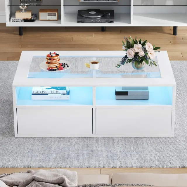 MODFU Salontafel - Met Ledverlichting En 2 Lades - Modern - Voor Woonkamer - Glas En Spaanplaat - Wit - 100 X 50 X 35 Cm