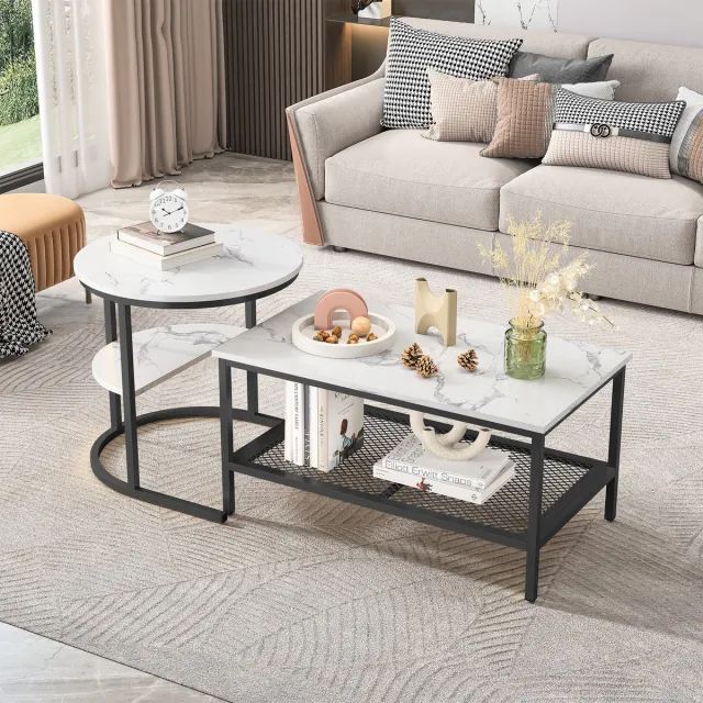 MODFU Salontafelset 2-Delig - Nestbaar Met Opbergrek - Marmerlook - Zwart