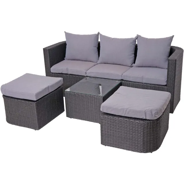 MCW 3in1 set MCW-J37, tuin/loungeset zonne-eiland, gesponnen poly-rattan MVG ~ antraciet, kussens lichtgrijs