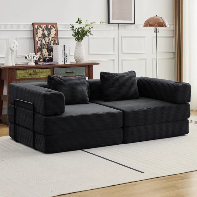 Vankel Multifunctionele Corduroy Slaapbank-Vaste Framebank–Opvouwbaar met 2 Kussens en Armleuningen–Comfortabel 2-in-1 Ontwerp–Geschikt voor 2 Personen–Te Gebruiken als Bank, Ligstoel en Logeerbed–Ideaal voor Appartementen of Kleine Ruimtes–Zwart