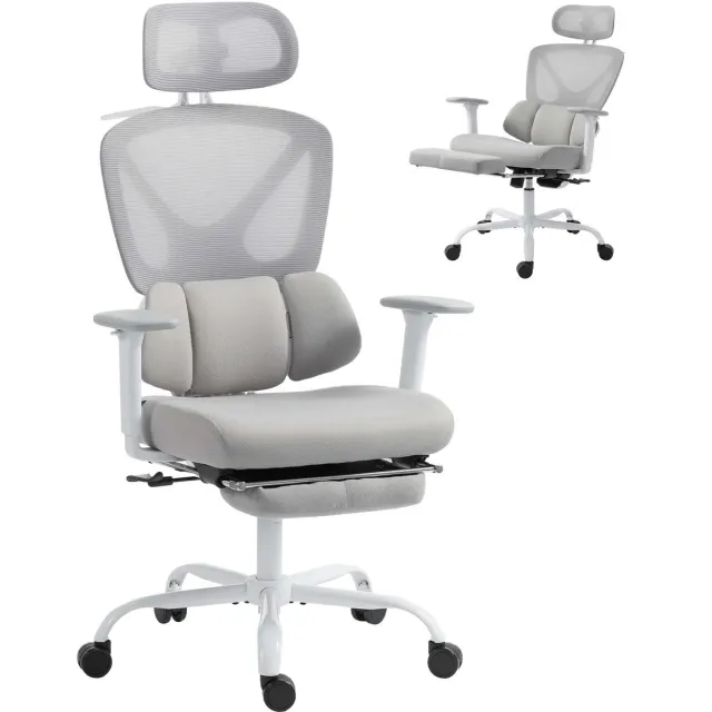 TEKROA Ergonomische Bureaustoel met Dynamische Lendensteun - Kantoorstoel met Voetensteun - 3D Armleuningen - draagvermogen 120 kg- 73x75x120-128cm - Grijs