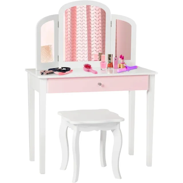 KOMFOTTEU 2-in-1 kindermake-uptafel/bureau - kaptafel en stoel, make-uptafel met afneembare 3-voudige spiegel en lade, gevoerde kruk, van hout - voor kinderkamer wit, roze