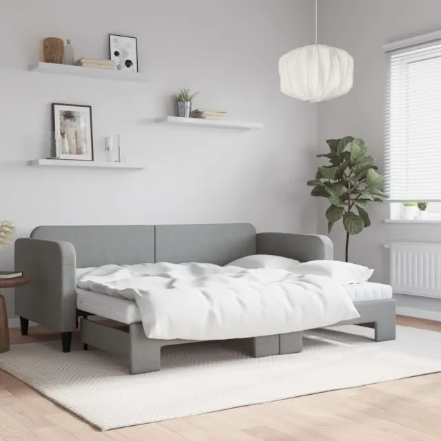 vidaXL Slaapbank onderschuifbed en matrassen 80x200 cm stof lichtgrijs