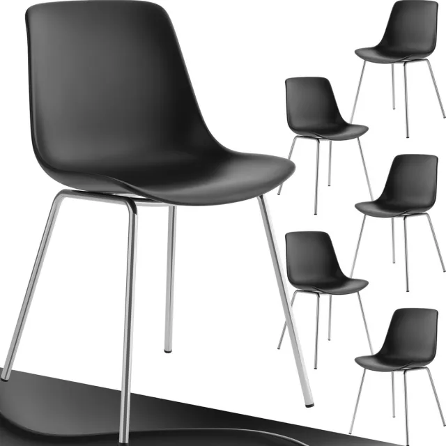 Tectake Mave stoelen - Kunststof eetkamerstoelen in modern design - Set van 6 - Zwart/chroom - Stijlvolle en comfortabele stoelen voor eetkamer of keuken