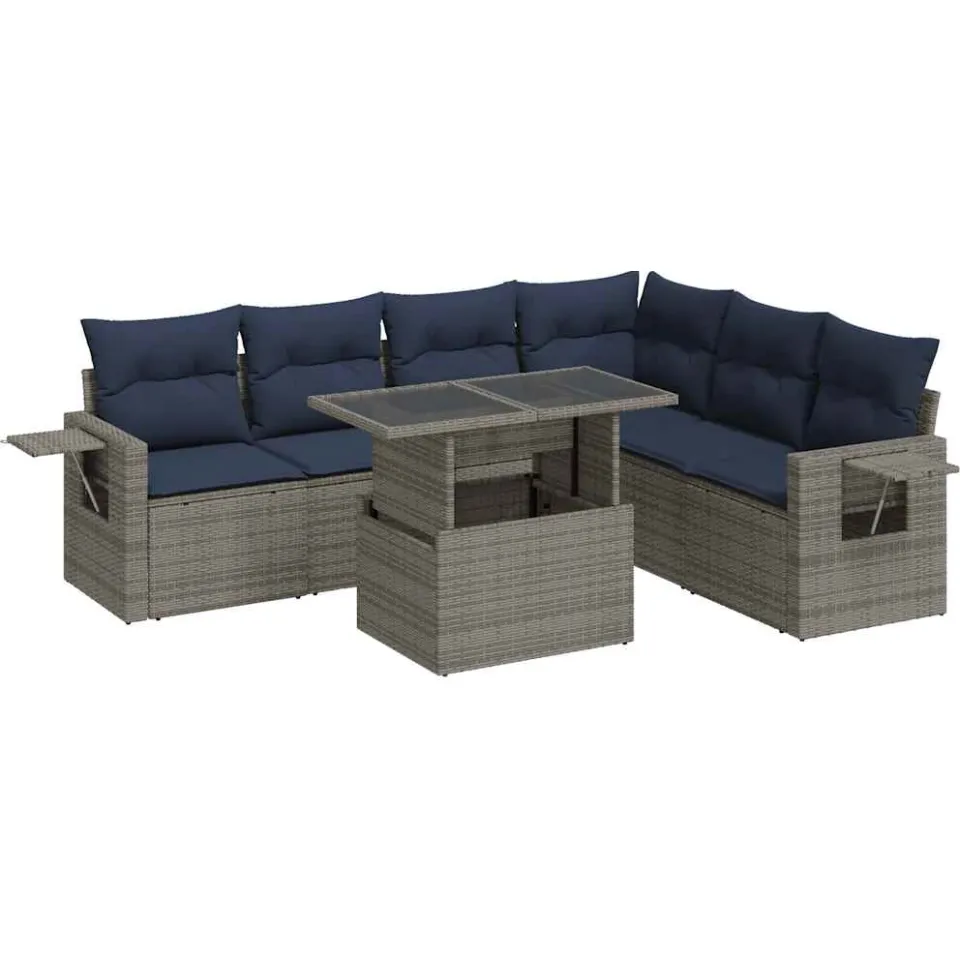 vidaXL 7-delige Loungeset met kussens poly rattan grijs, foto 3