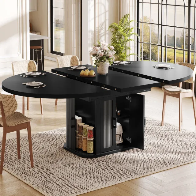 OKWISH Eettafel - Uitschuifbaar met Verborgen Opbergruimte - Voor 2 tot 6 Personen - Zwart MDF en Metaal - 118 tot 158 x 118 x 76 cm
