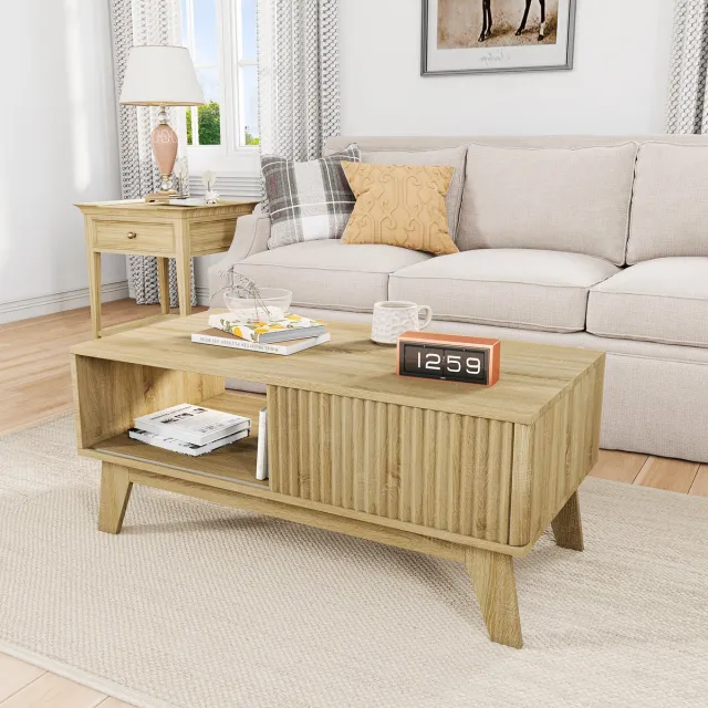 MEXUS Rechthoekige Salontafel, moderne salontafel met 1 schuifdeur, Houten salontafel met verborgen opbergruimte en open vak, voor slaapkamer, woonkamer, kantoor, 95x48x41 cm (Eiken) Eikenkleur