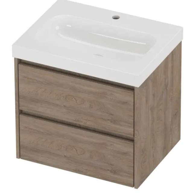 Proline Haga Badmeubelset Polystone Mezza 1 Kraangat Symmetrisch 60x46x58 cm Glans Wit Raw Oak Eiken