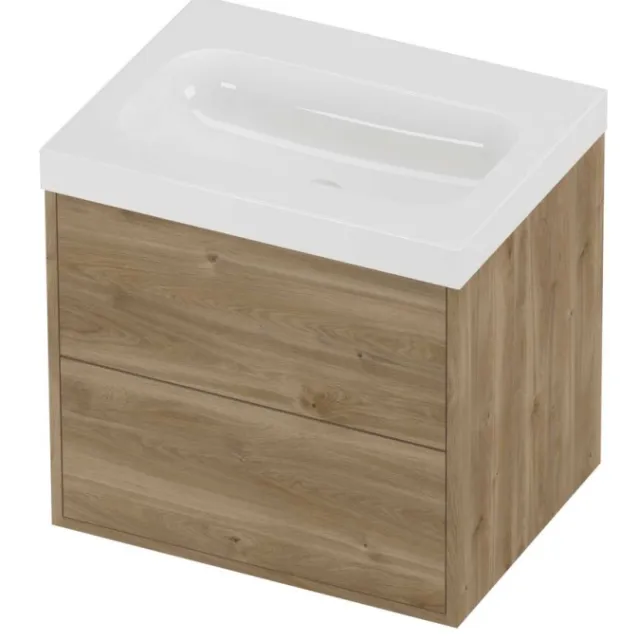Proline Haga Badmeubelset Polystone Mezza 2 Laden 60x46x58 cm Glans Wit Cider Oak Eiken