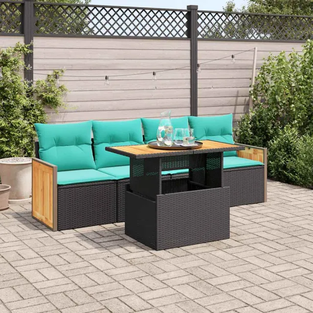 vidaXL 5-delige Loungeset met kussens poly rattan acacia zwart, foto 2