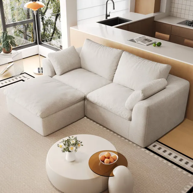 Wishdor Hoekbank met L-vorm en 3 zitplekken - Zachte zitting met hoogelastische schuimvulling - Linnen bekleding - Compressieverpakt voor vervoer - Beige wit - 180 x 155 x 83 cm Beige-wit