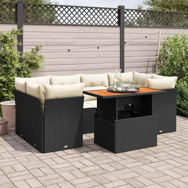 vidaXL 7-delige Loungeset met kussens poly rattan zwart, foto 2