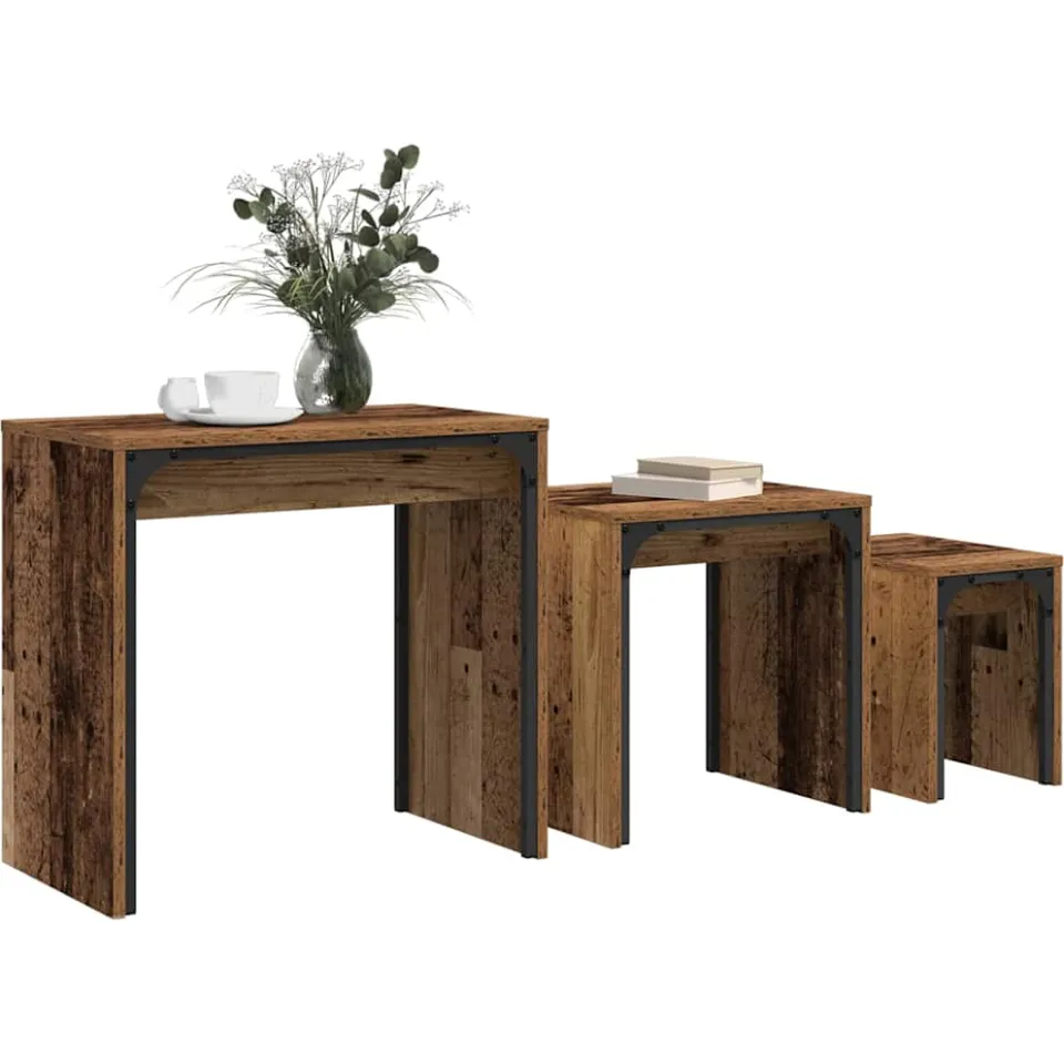 vidaXL Salontafel 3 st Oudhout 60 x 35 x 56 cm Bewerkt hout bruin, foto 2